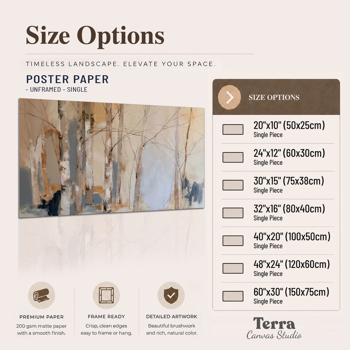 Loose pale blue, peach and cream strokes suggesting a stand of birch trees single poster print available dimensions