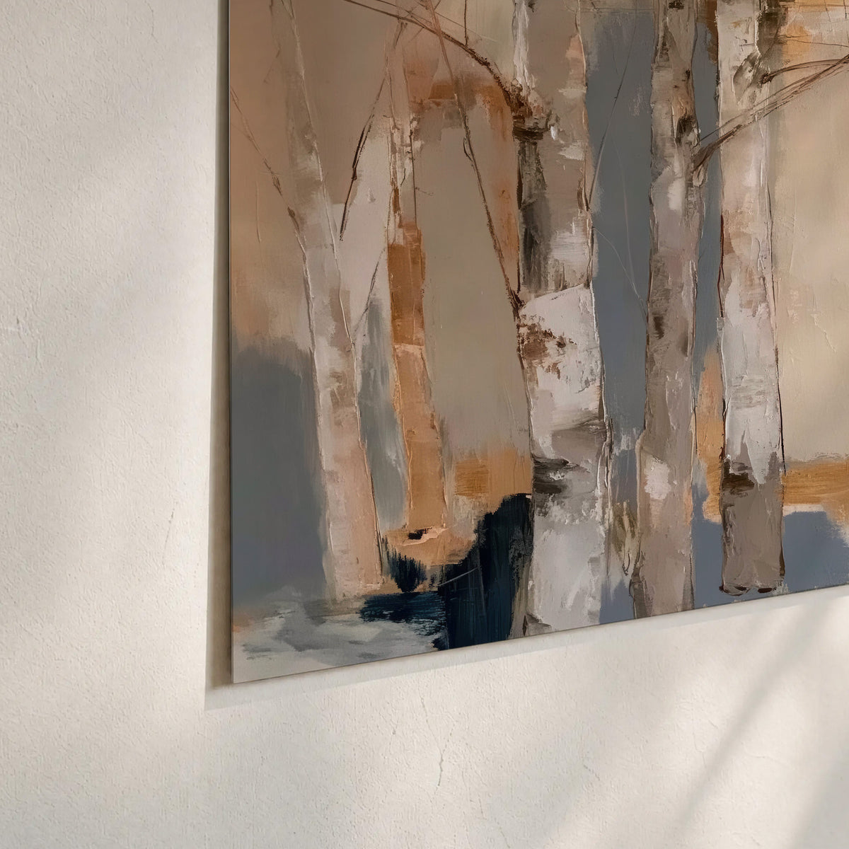 Loose pale blue, peach and cream strokes suggesting a stand of birch trees set of 3 poster prints material and edge close up
