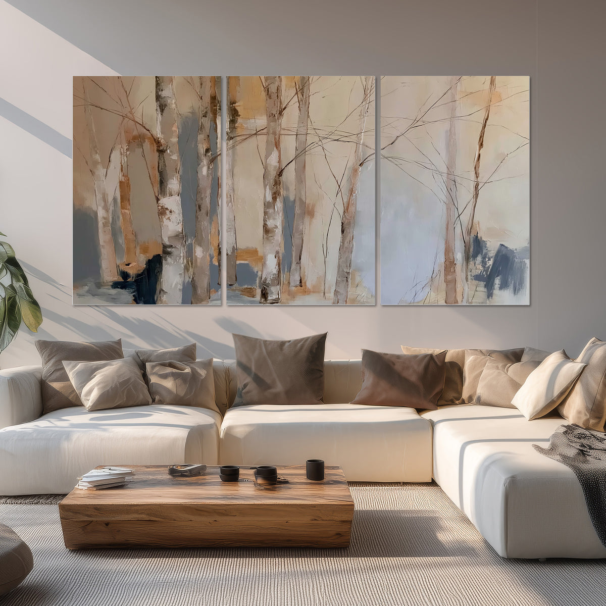 Loose pale blue, peach and cream strokes suggesting a stand of birch trees set of 3 poster prints displayed in a living room