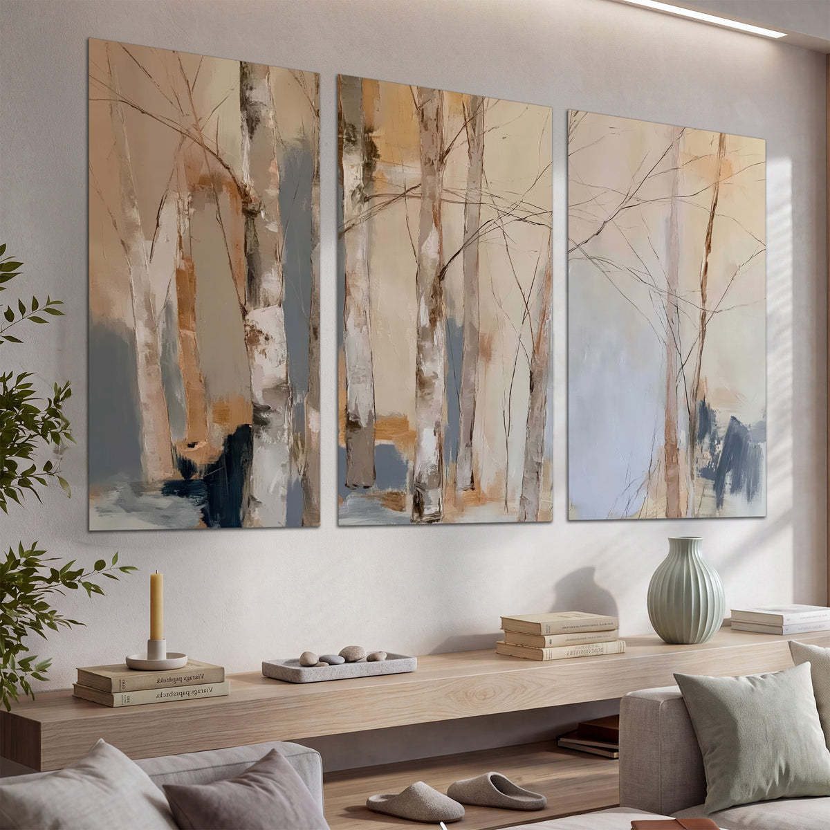 Loose pale blue, peach and cream strokes suggesting a stand of birch trees set of 3 poster prints displayed in a console
