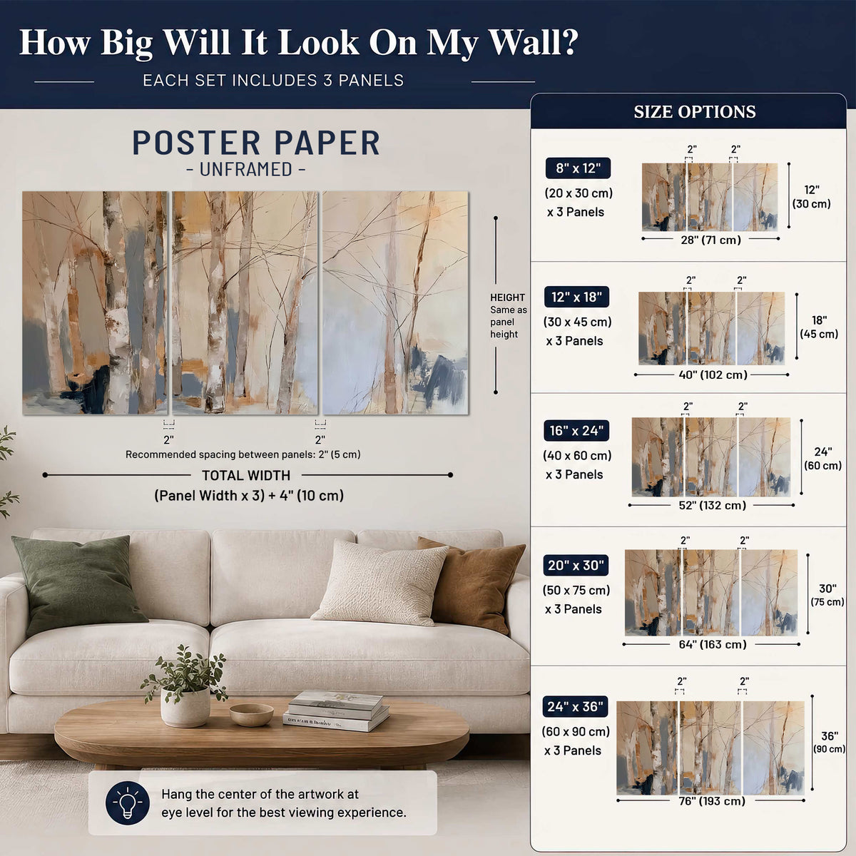 Loose pale blue, peach and cream strokes suggesting a stand of birch trees set of 3 poster prints size guide above a sofa; room view is illustrative