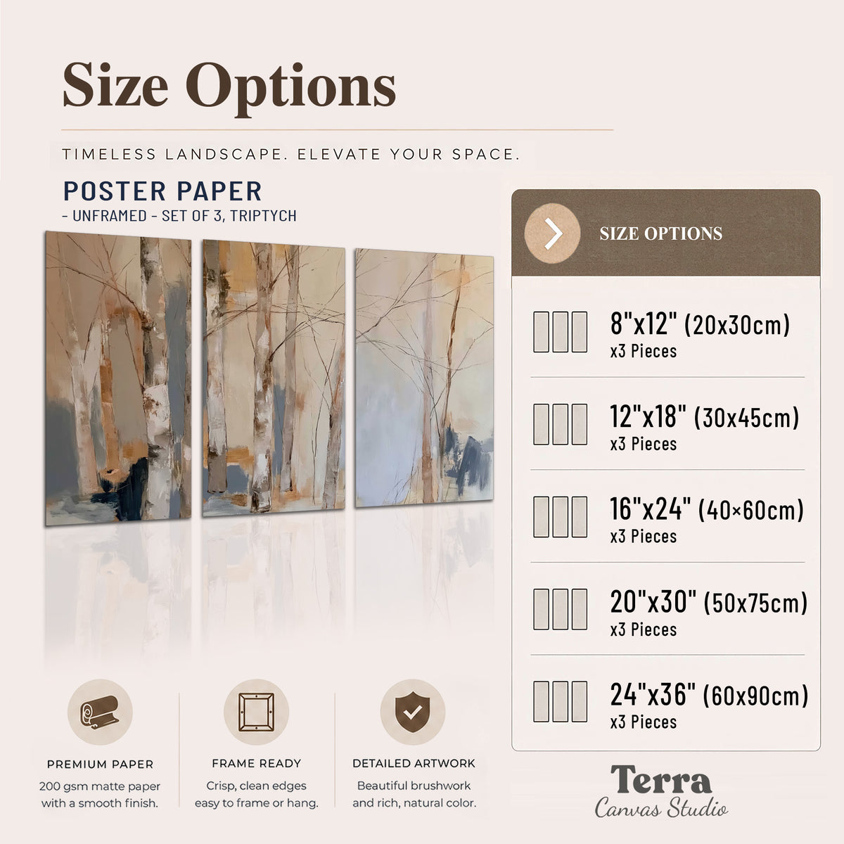 Loose pale blue, peach and cream strokes suggesting a stand of birch trees set of 3 poster prints available dimensions; triptych dimensions are per panel