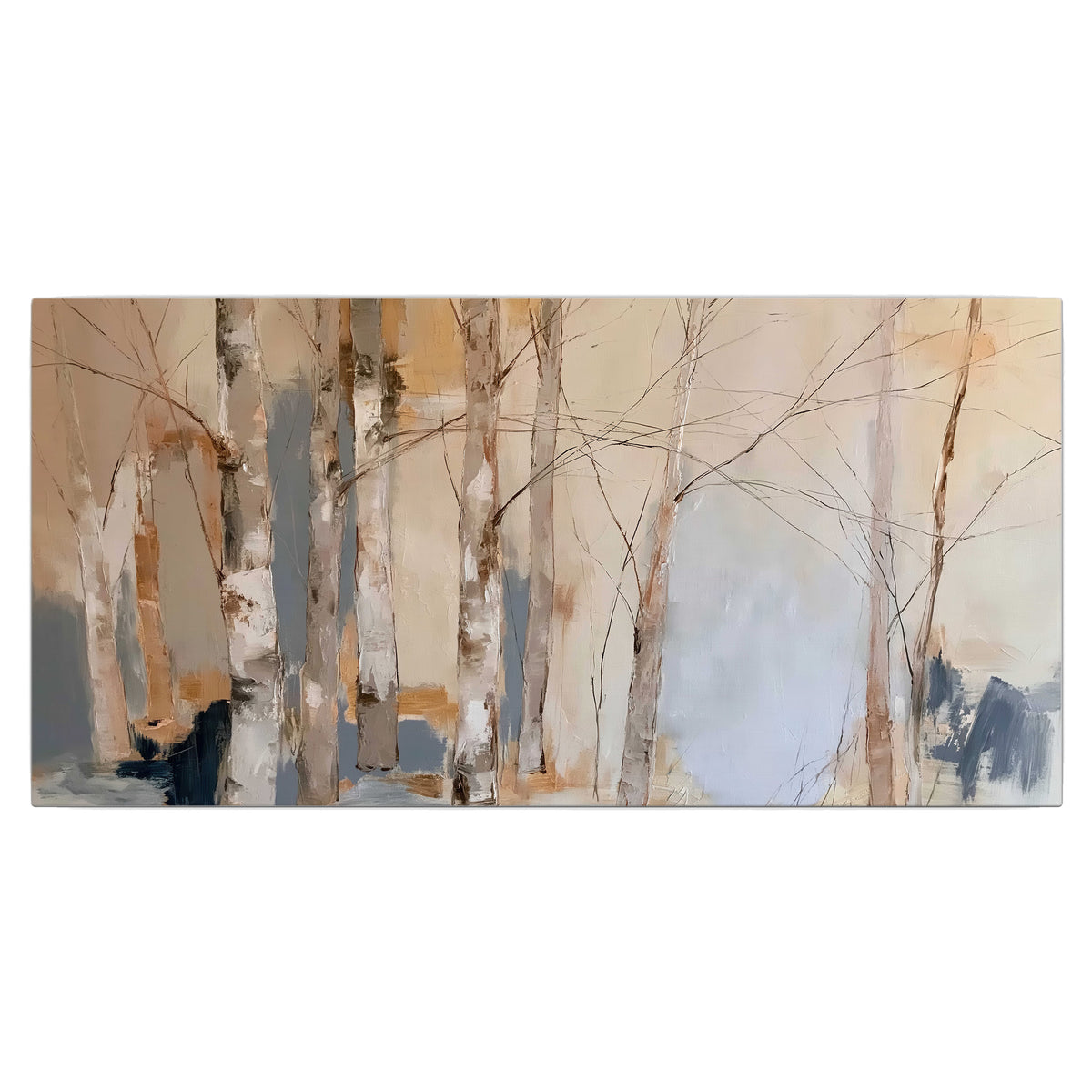 Loose pale blue, peach and cream strokes suggesting a stand of birch trees single canvas wall art viewed straight on