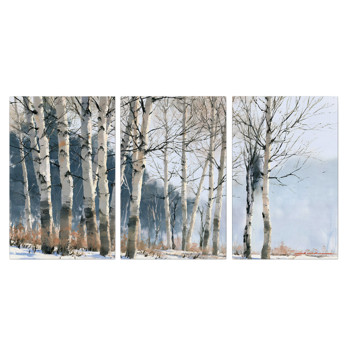 A line of bare birch trees against a cool blue-gray sky 3 piece canvas wall art viewed straight on