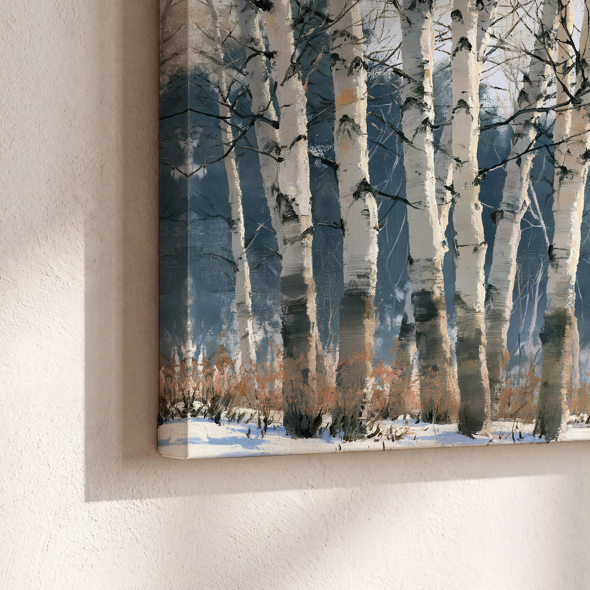 A line of bare birch trees against a cool blue-gray sky 3 piece canvas wall art material and edge close up