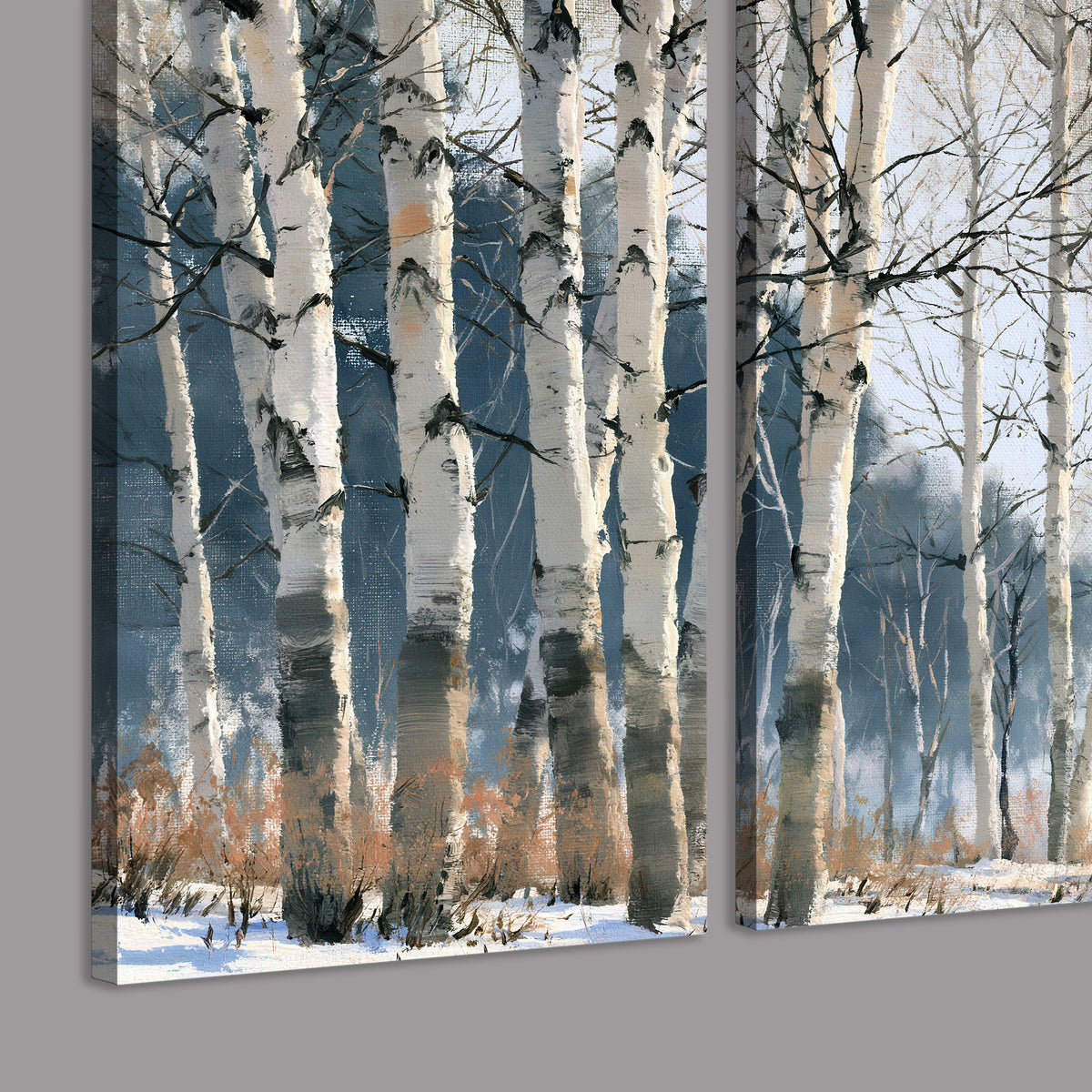 A line of bare birch trees against a cool blue-gray sky 3 piece canvas wall art room and product view