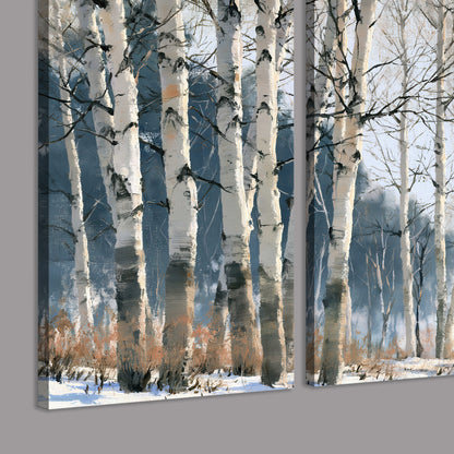 A line of bare birch trees against a cool blue-gray sky 3 piece canvas wall art room and product view