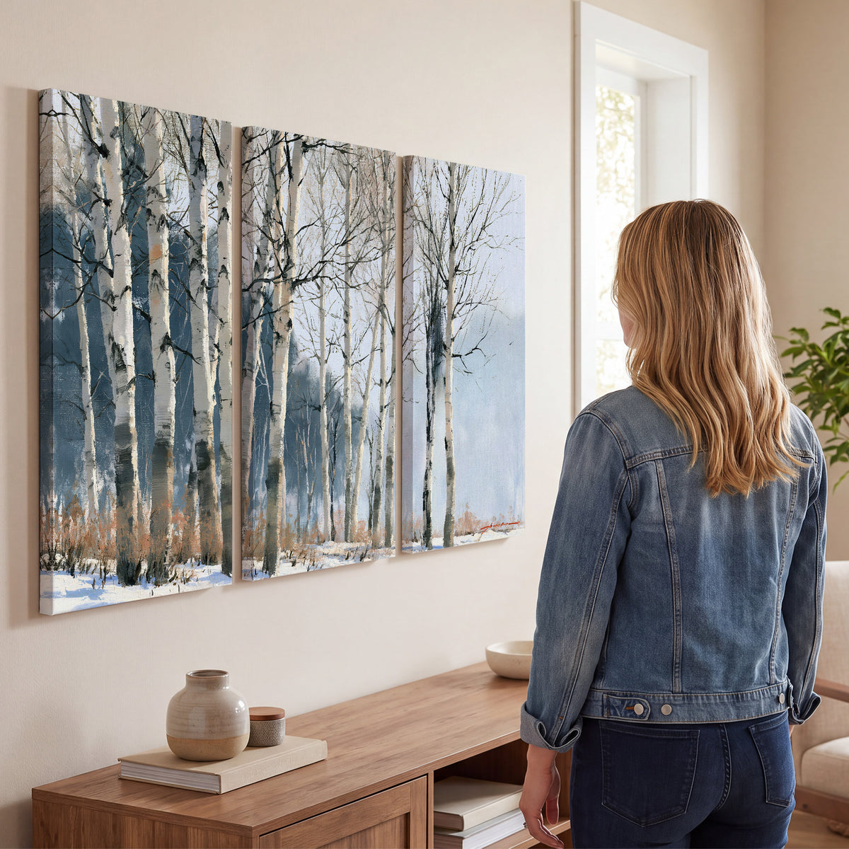 A line of bare birch trees against a cool blue-gray sky 3 piece canvas wall art three panel arrangement on a wall