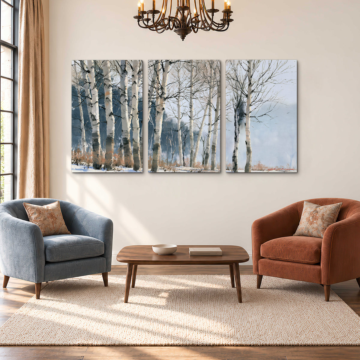 A line of bare birch trees against a cool blue-gray sky 3 piece canvas wall art styled in an interior