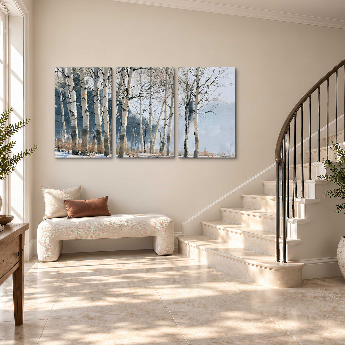 A line of bare birch trees against a cool blue-gray sky 3 piece canvas wall art styled in an interior