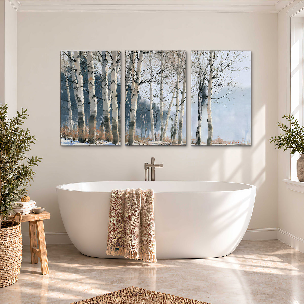A line of bare birch trees against a cool blue-gray sky 3 piece canvas wall art styled in an interior