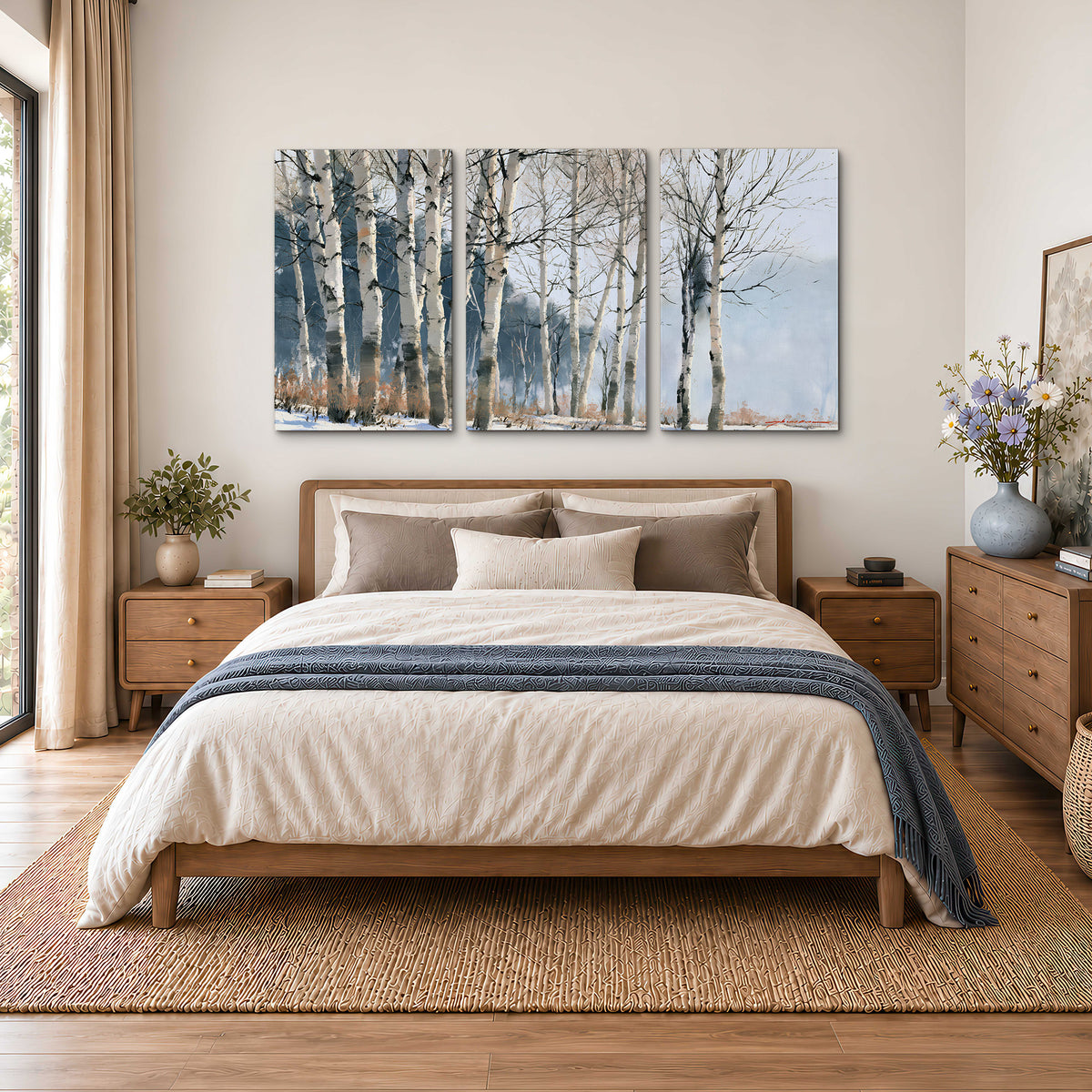 A line of bare birch trees against a cool blue-gray sky 3 piece canvas wall art styled in an interior