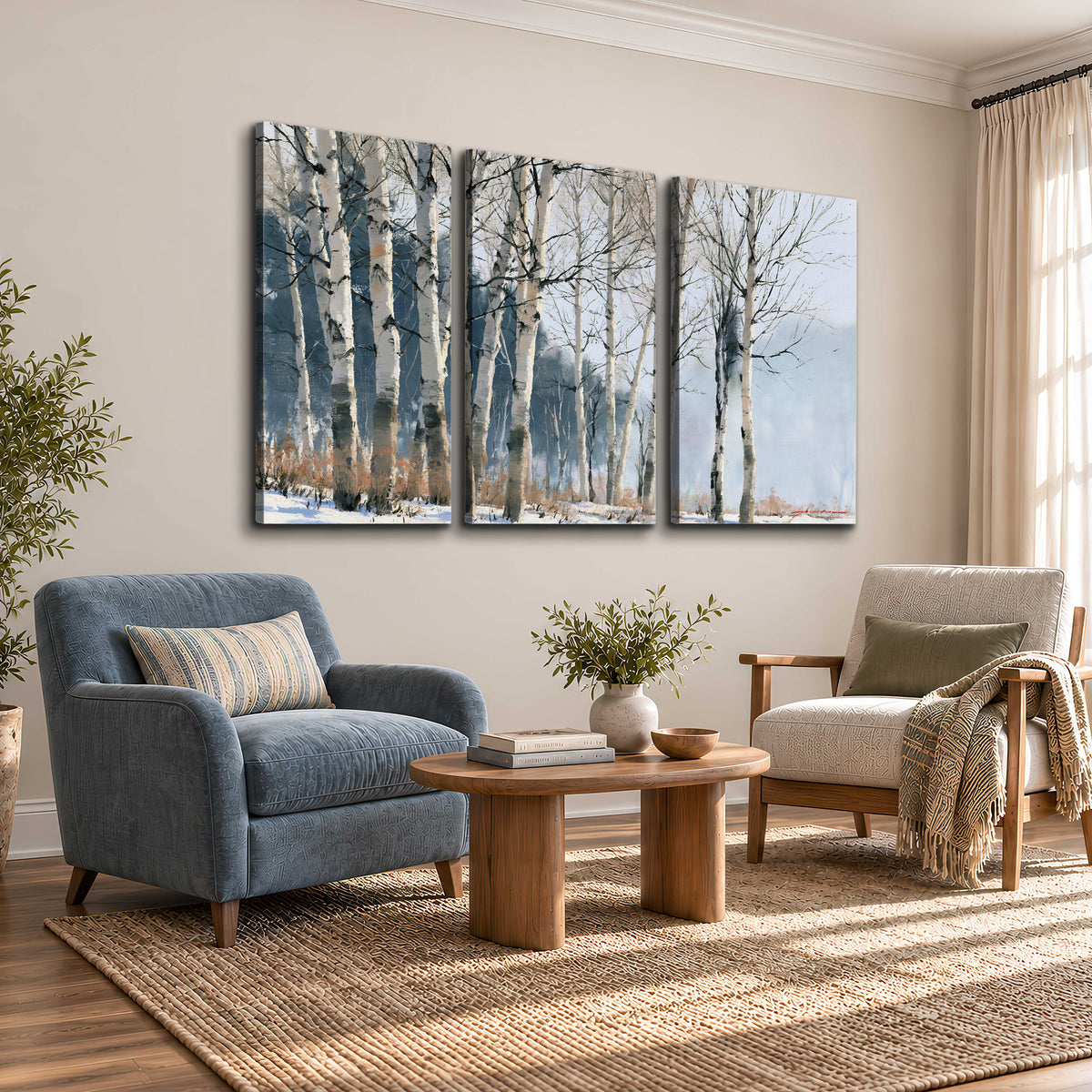 A line of bare birch trees against a cool blue-gray sky 3 piece canvas wall art styled in an interior