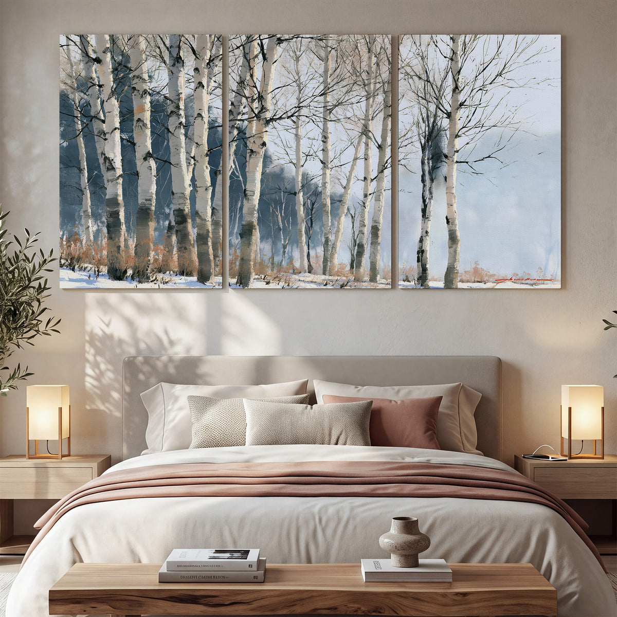 A line of bare birch trees against a cool blue-gray sky 3 piece canvas wall art displayed in a bedroom