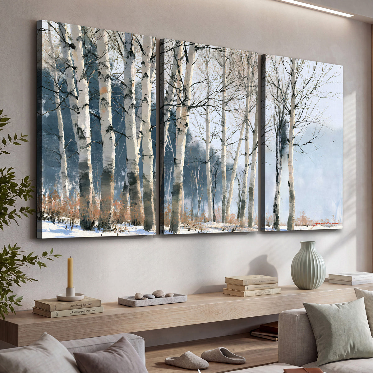 A line of bare birch trees against a cool blue-gray sky 3 piece canvas wall art displayed in a console