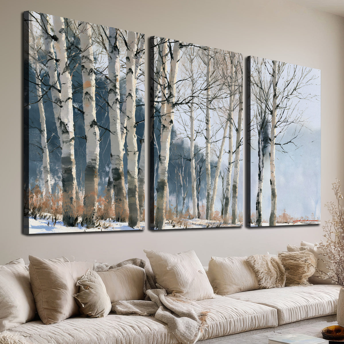 A line of bare birch trees against a cool blue-gray sky 3 piece canvas wall art room and product view