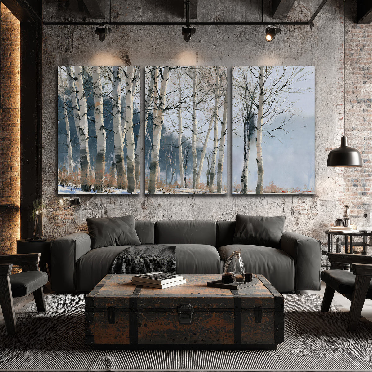 A line of bare birch trees against a cool blue-gray sky 3 piece canvas wall art displayed in a industrial room