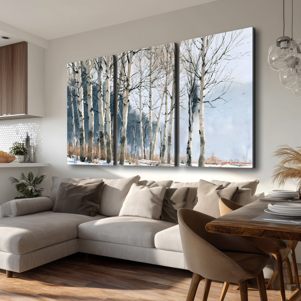 A line of bare birch trees against a cool blue-gray sky 3 piece canvas wall art room and product view