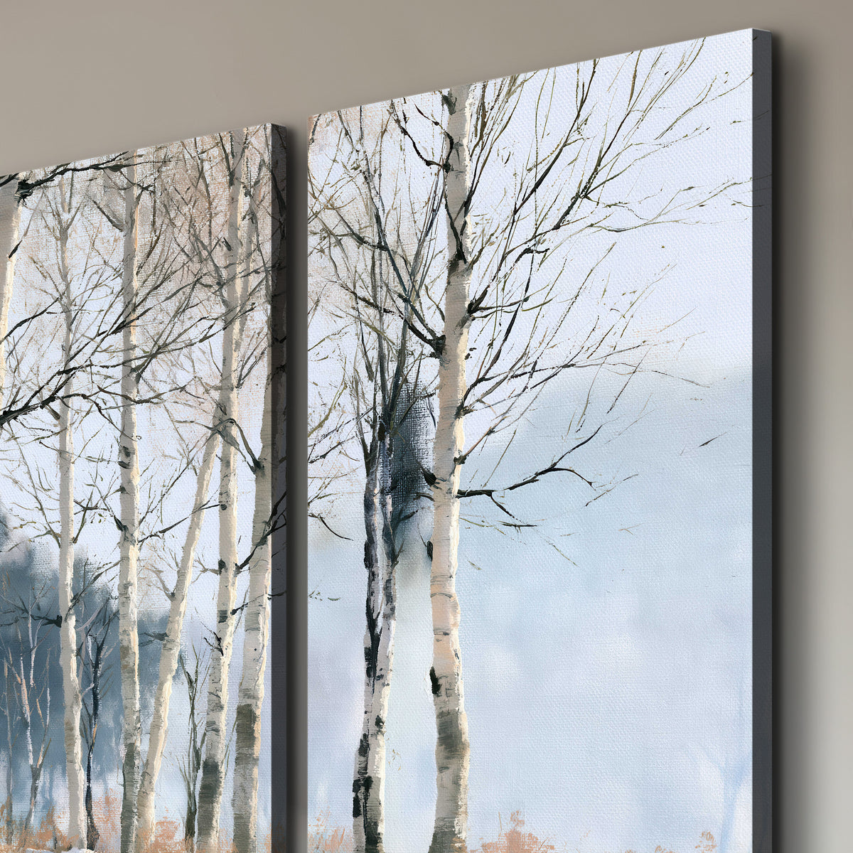 A line of bare birch trees against a cool blue-gray sky 3 piece canvas wall art room and product view