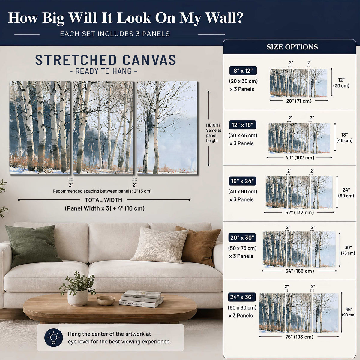 A line of bare birch trees against a cool blue-gray sky 3 piece canvas wall art size guide above a sofa; room view is illustrative