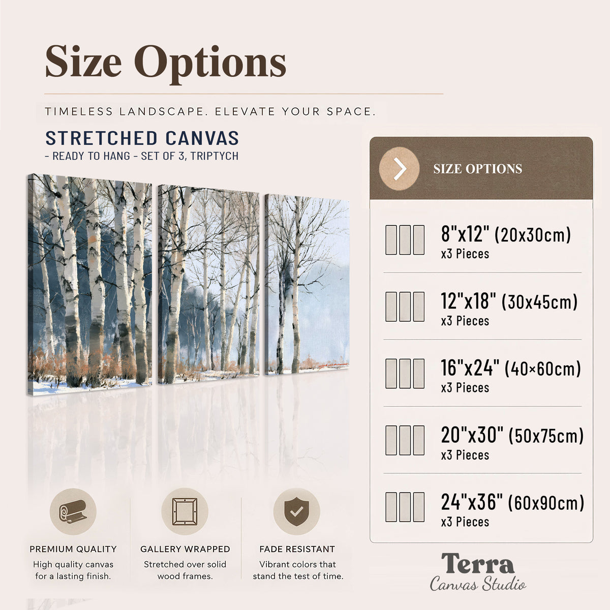 A line of bare birch trees against a cool blue-gray sky 3 piece canvas wall art available dimensions; triptych dimensions are per panel