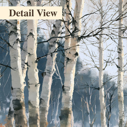 A line of bare birch trees against a cool blue-gray sky 3 piece canvas wall art artwork detail close up