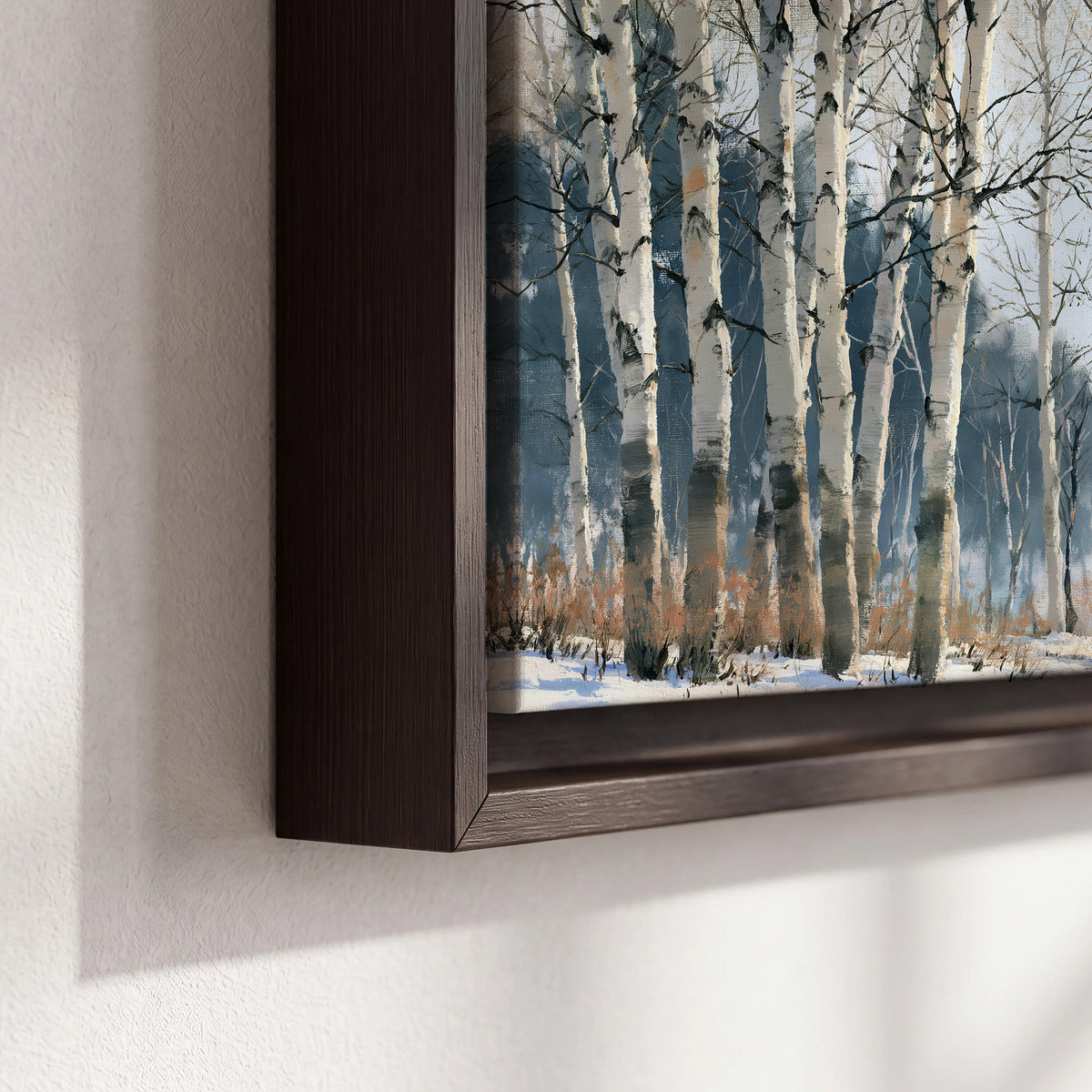 A line of bare birch trees against a cool blue-gray sky 3 piece framed canvas wall art material and edge close up