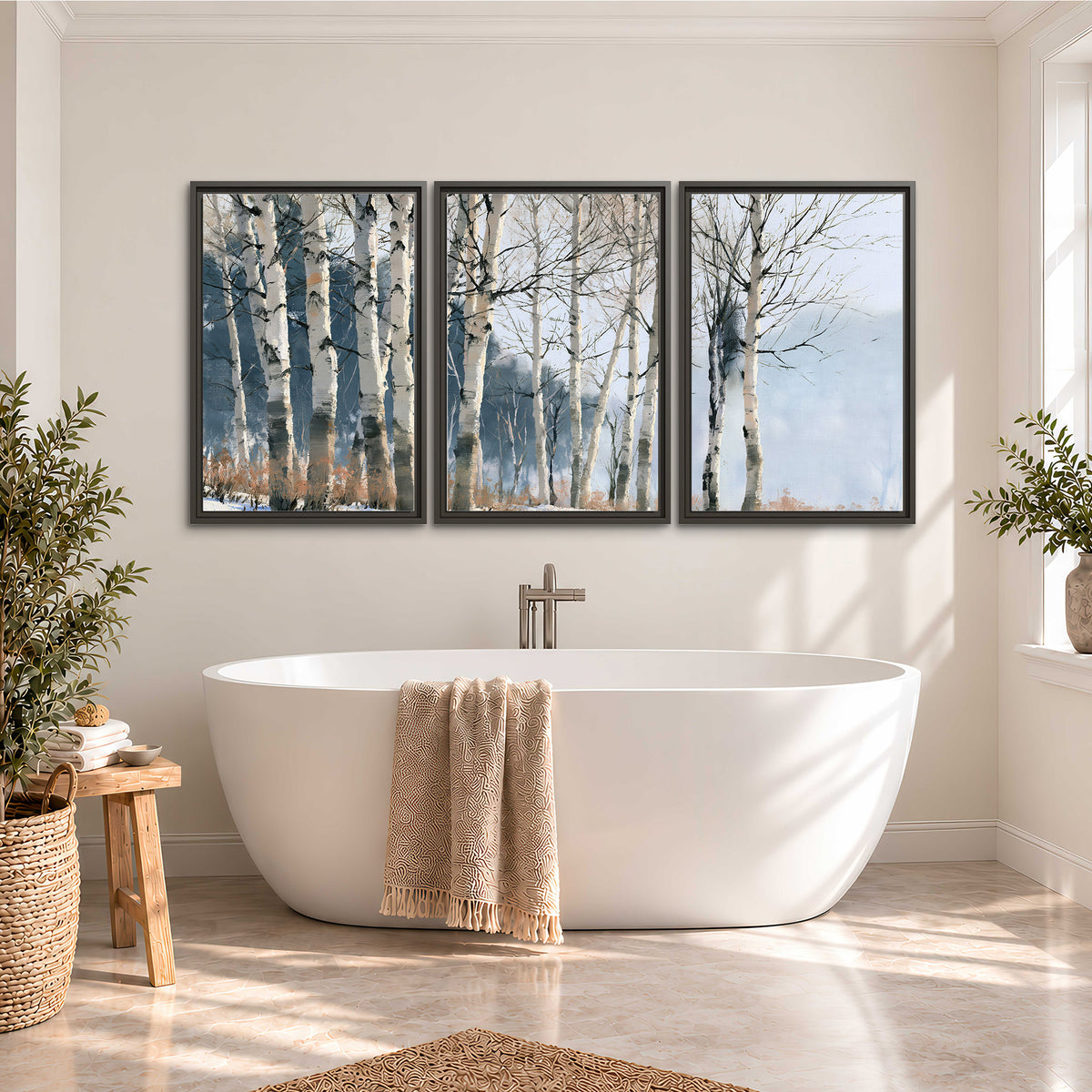 A line of bare birch trees against a cool blue-gray sky 3 piece framed canvas wall art styled in an interior
