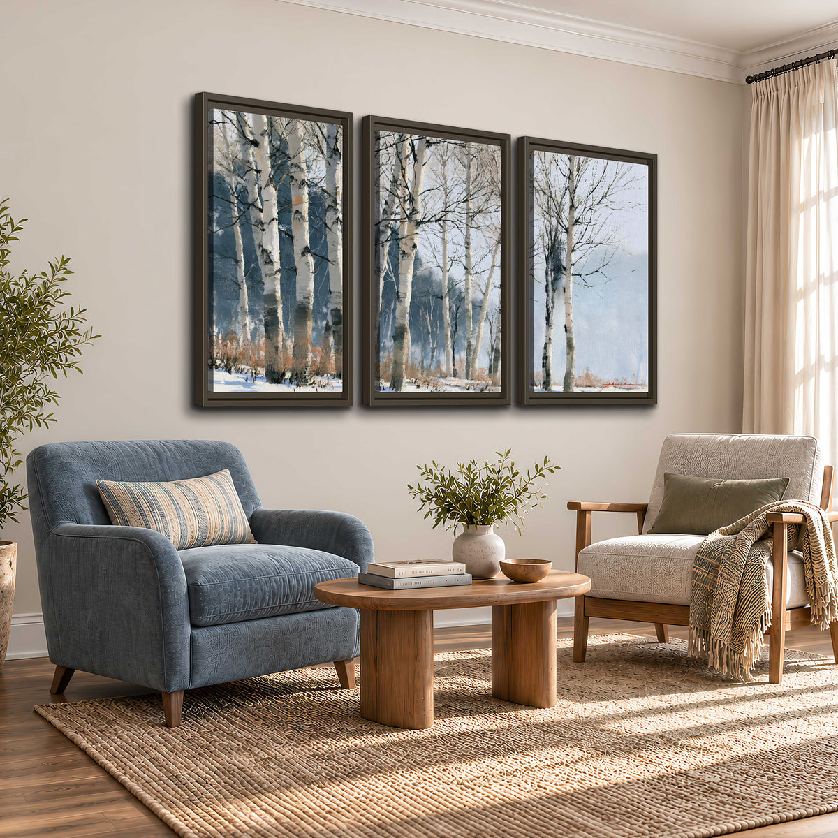 A line of bare birch trees against a cool blue-gray sky 3 piece framed canvas wall art styled in an interior