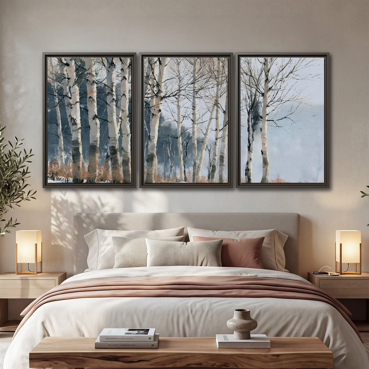 A line of bare birch trees against a cool blue-gray sky 3 piece framed canvas wall art displayed in a bedroom