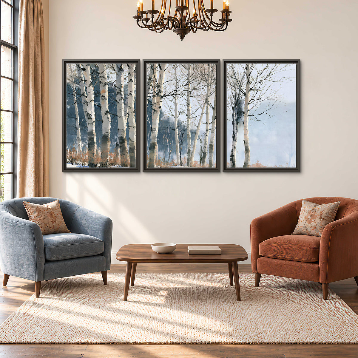 A line of bare birch trees against a cool blue-gray sky 3 piece framed canvas wall art styled in an interior