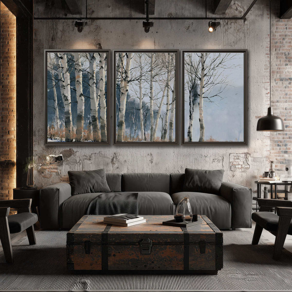 A line of bare birch trees against a cool blue-gray sky 3 piece framed canvas wall art displayed in a industrial room