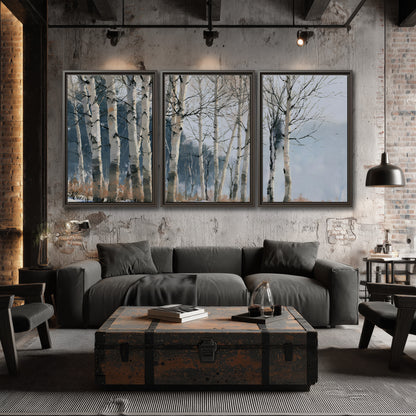 A line of bare birch trees against a cool blue-gray sky 3 piece framed canvas wall art displayed in a industrial room