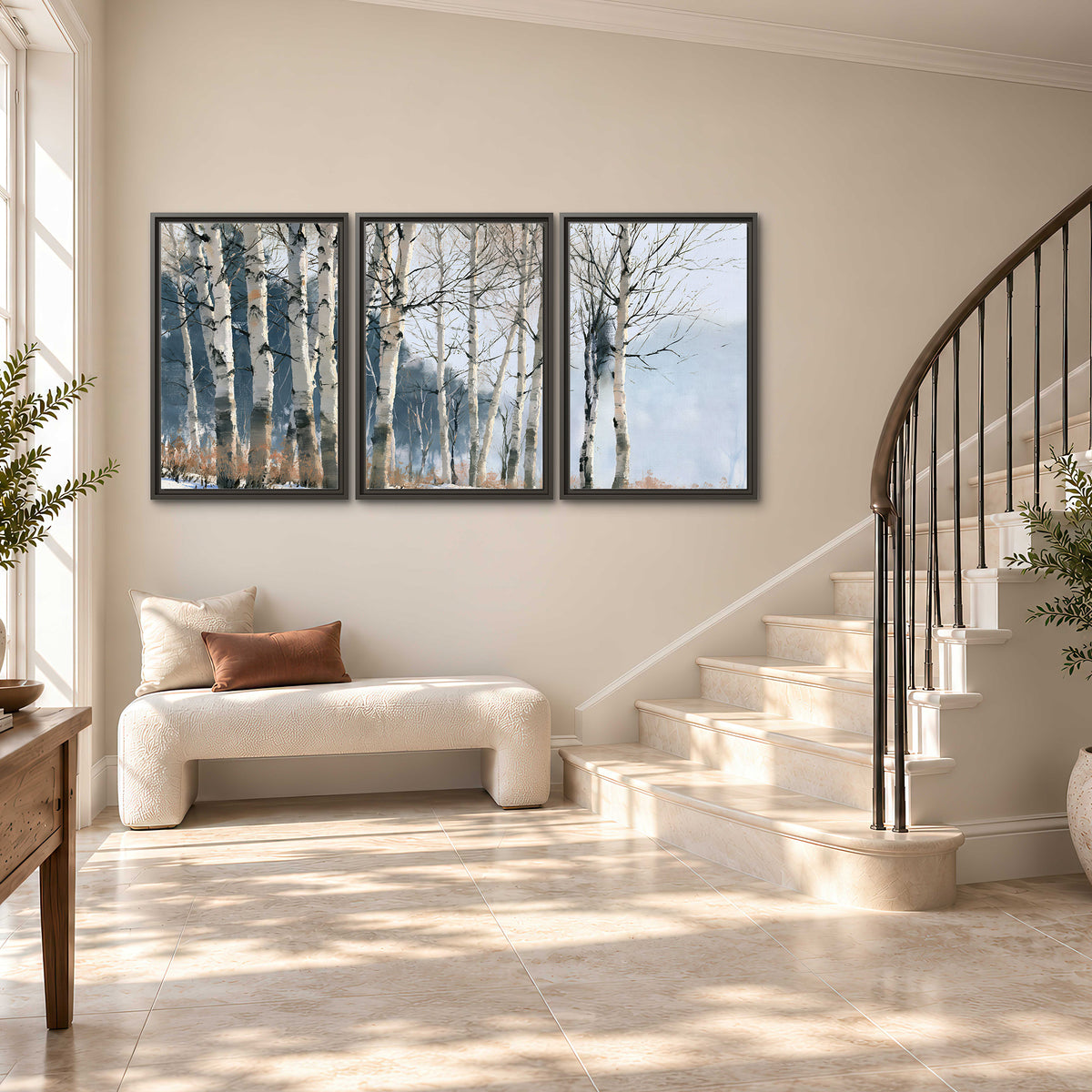 A line of bare birch trees against a cool blue-gray sky 3 piece framed canvas wall art styled in an interior