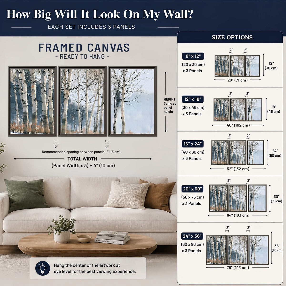 A line of bare birch trees against a cool blue-gray sky 3 piece framed canvas wall art size guide above a sofa; room view is illustrative