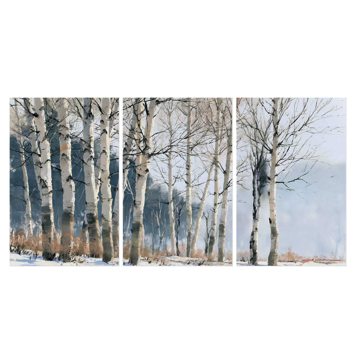 A line of bare birch trees against a cool blue-gray sky set of 3 poster prints viewed straight on