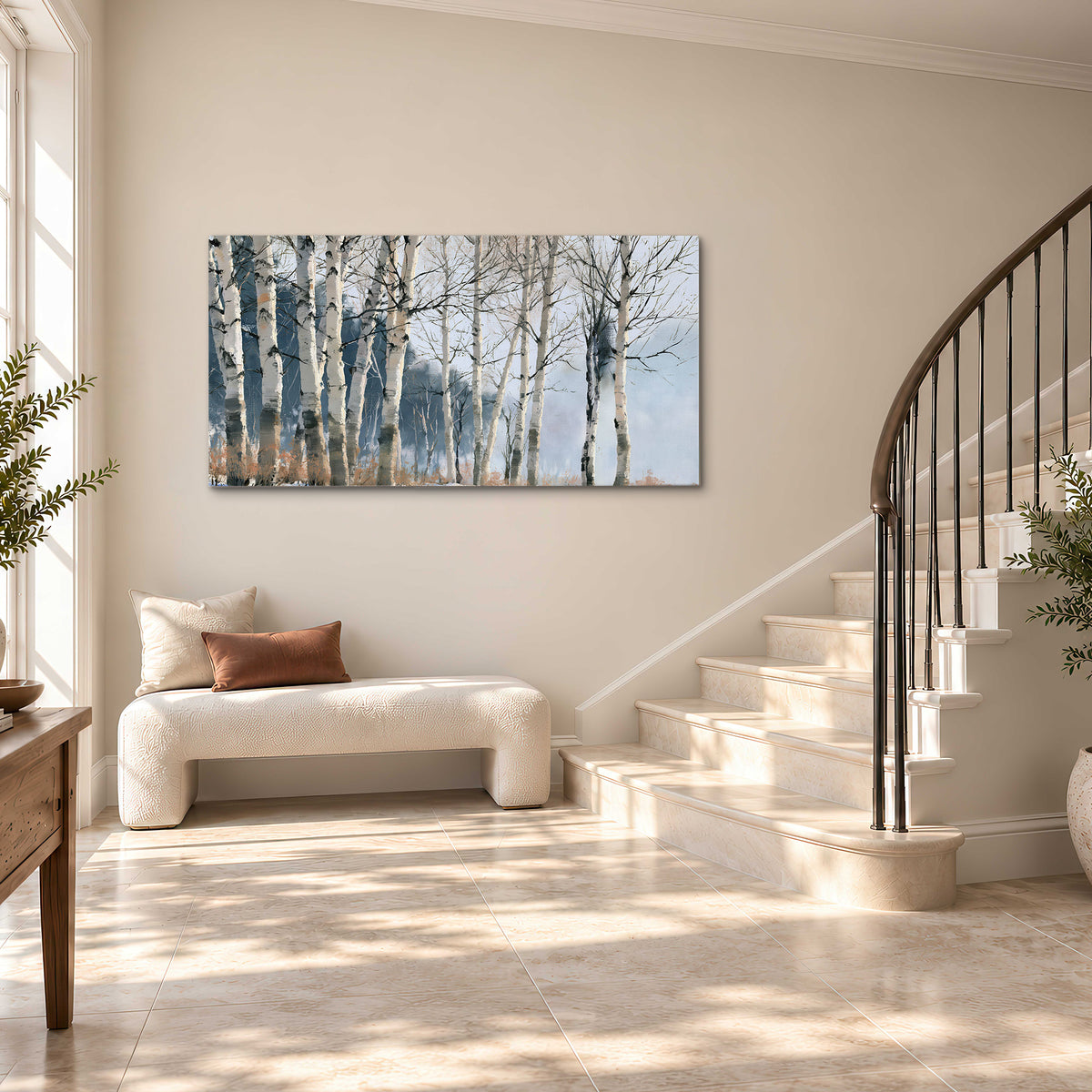 A line of bare birch trees against a cool blue-gray sky single canvas wall art styled in an interior