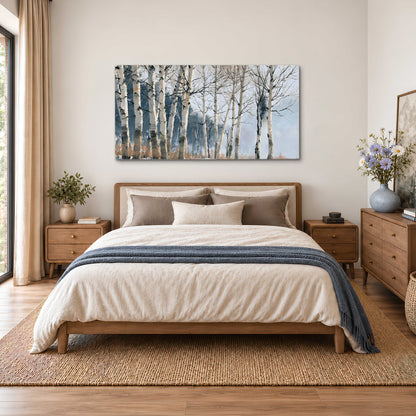 A line of bare birch trees against a cool blue-gray sky single canvas wall art styled in an interior
