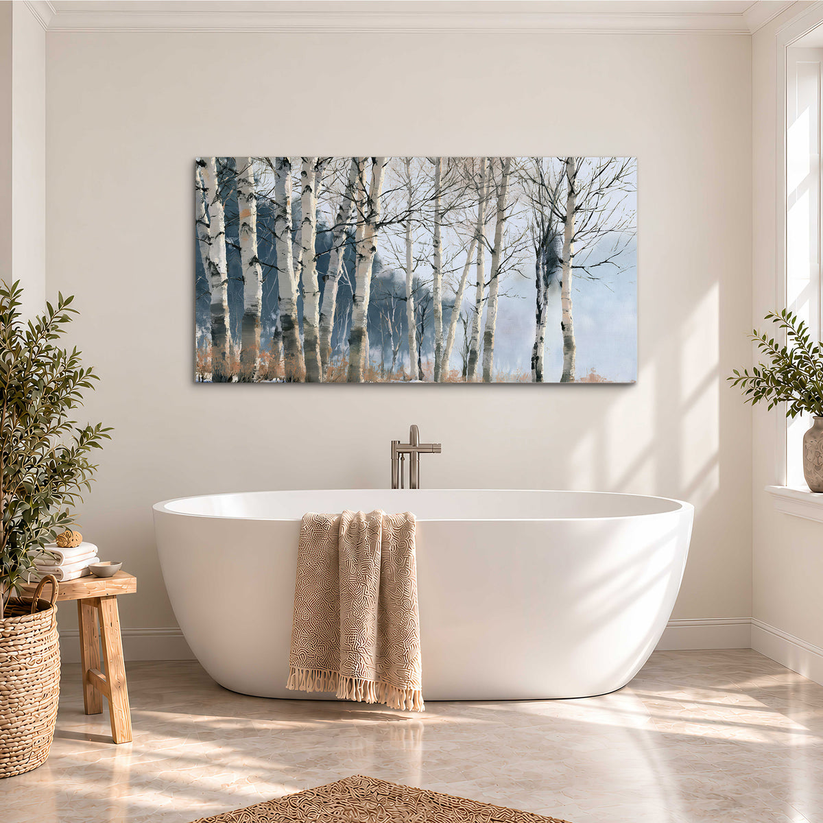 A line of bare birch trees against a cool blue-gray sky single canvas wall art styled in an interior