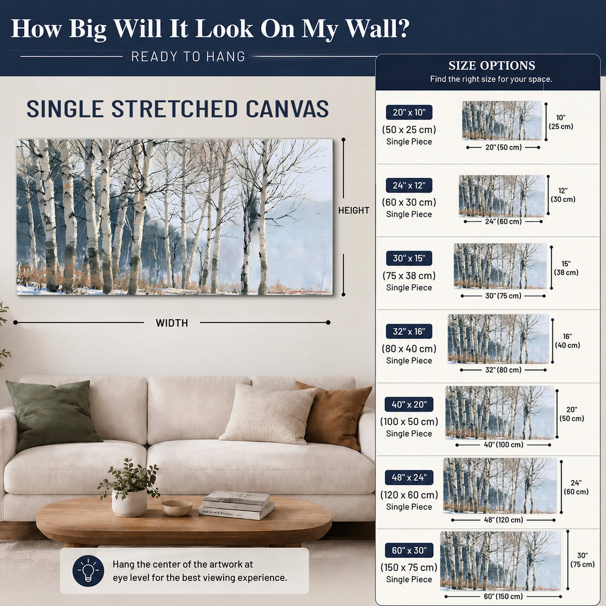 A line of bare birch trees against a cool blue-gray sky single canvas wall art size guide above a sofa; room view is illustrative