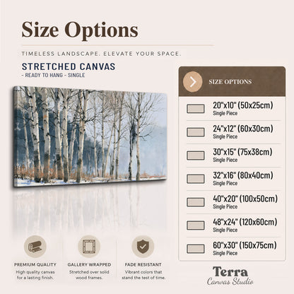 A line of bare birch trees against a cool blue-gray sky single canvas wall art available dimensions