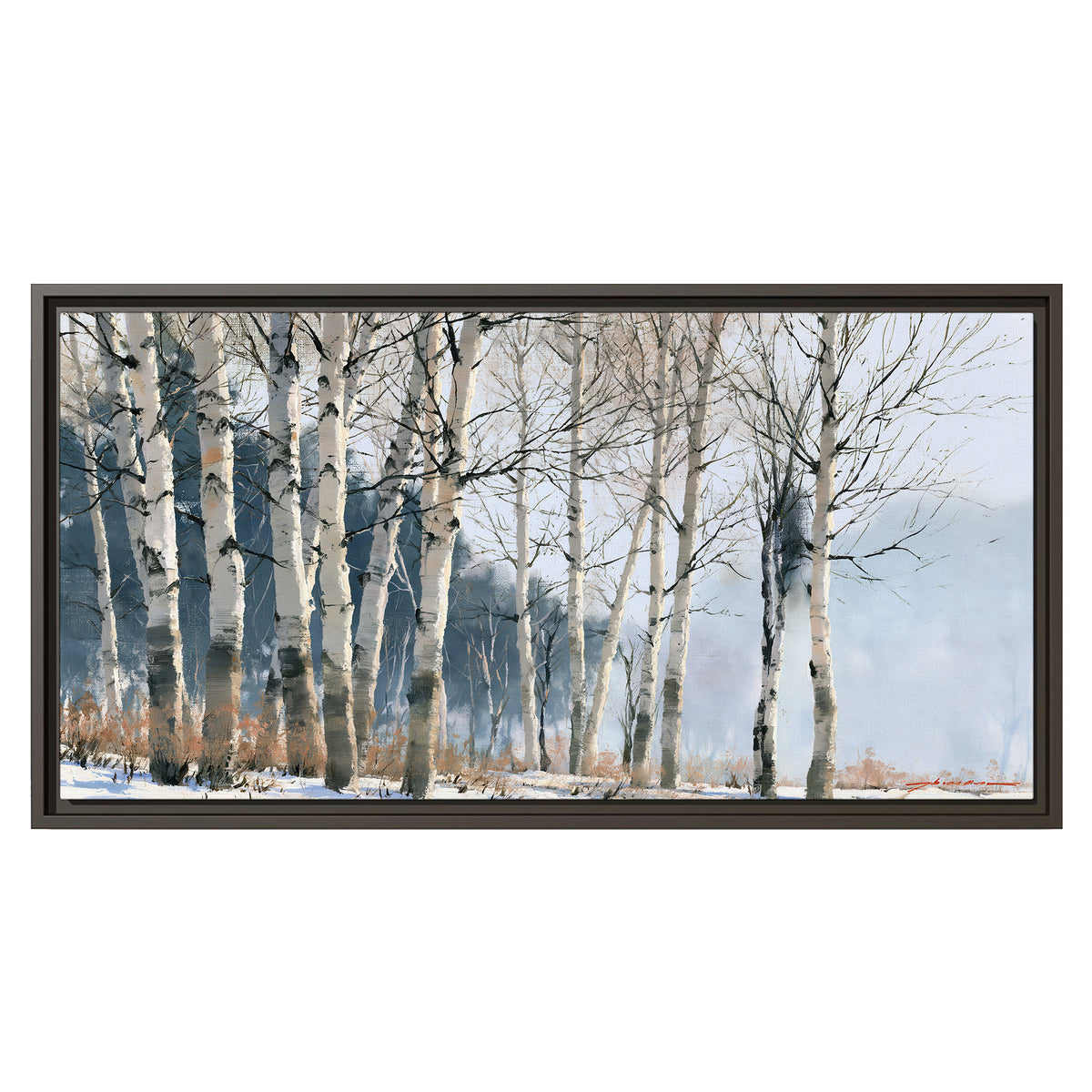 A line of bare birch trees against a cool blue-gray sky single framed canvas wall art viewed straight on