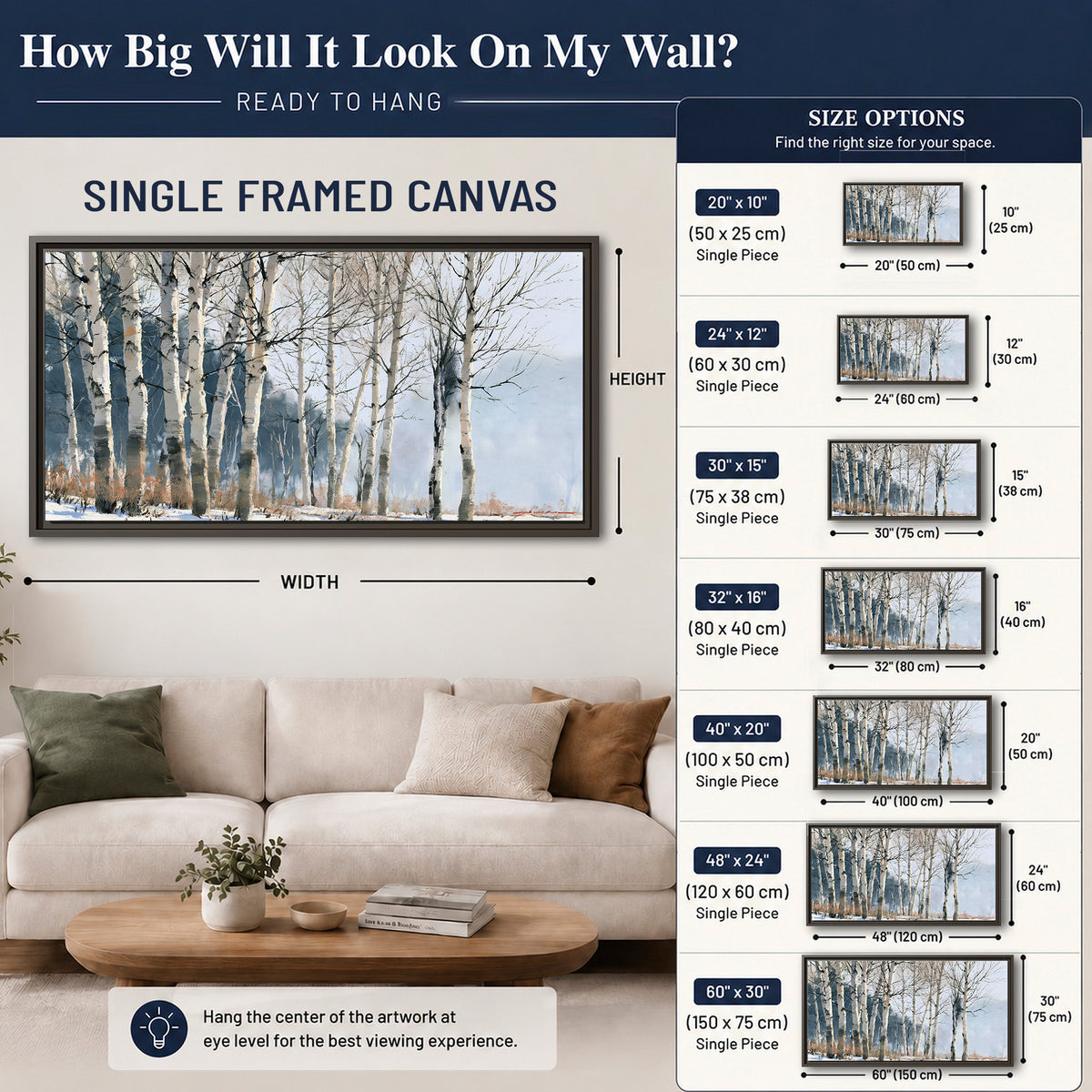 A line of bare birch trees against a cool blue-gray sky single framed canvas wall art size guide above a sofa; room view is illustrative