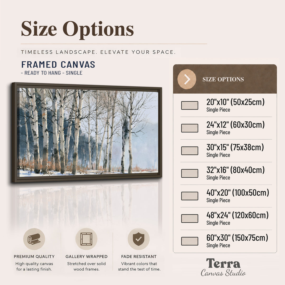 A line of bare birch trees against a cool blue-gray sky single framed canvas wall art available dimensions