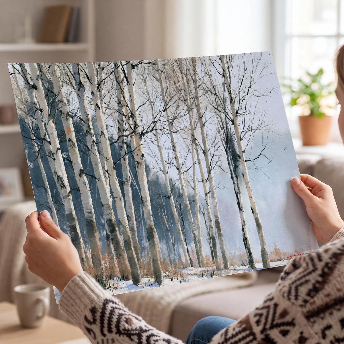 A line of bare birch trees against a cool blue-gray sky single poster print held in hands