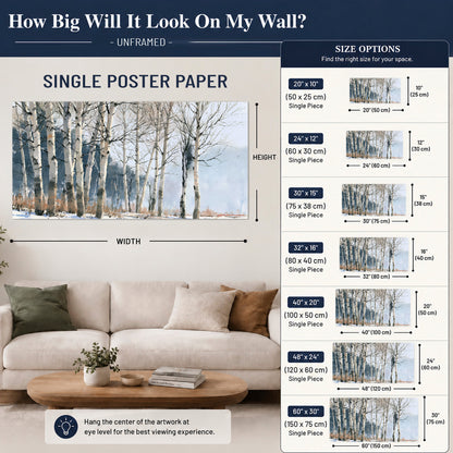 A line of bare birch trees against a cool blue-gray sky single poster print size guide above a sofa; room view is illustrative