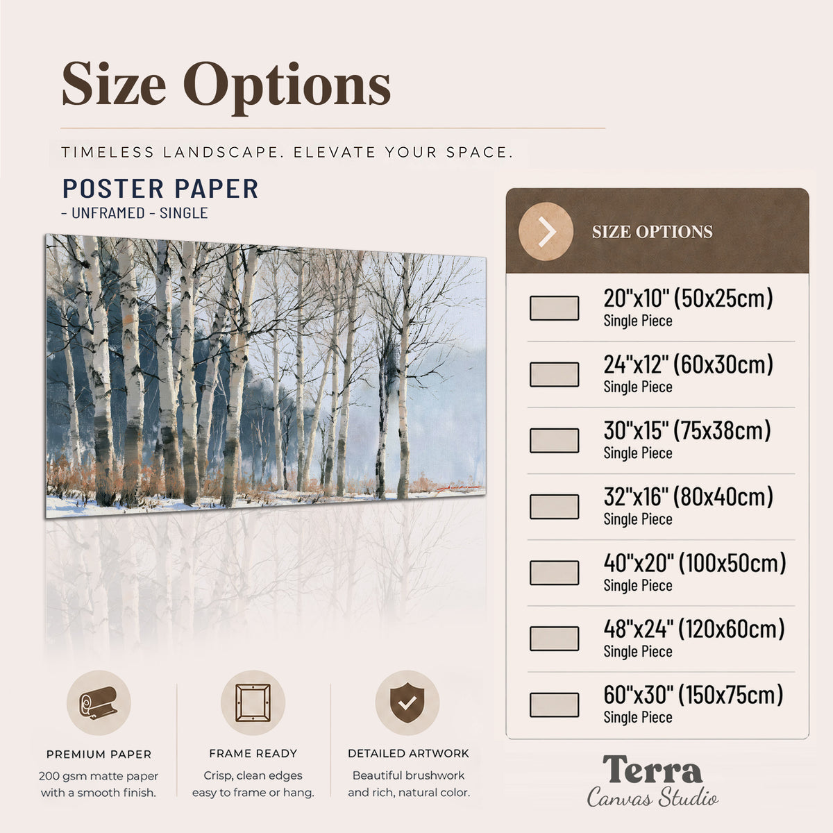 A line of bare birch trees against a cool blue-gray sky single poster print available dimensions