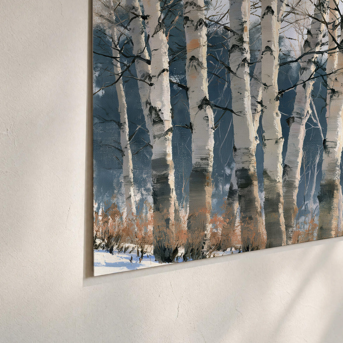 A line of bare birch trees against a cool blue-gray sky set of 3 poster prints material and edge close up