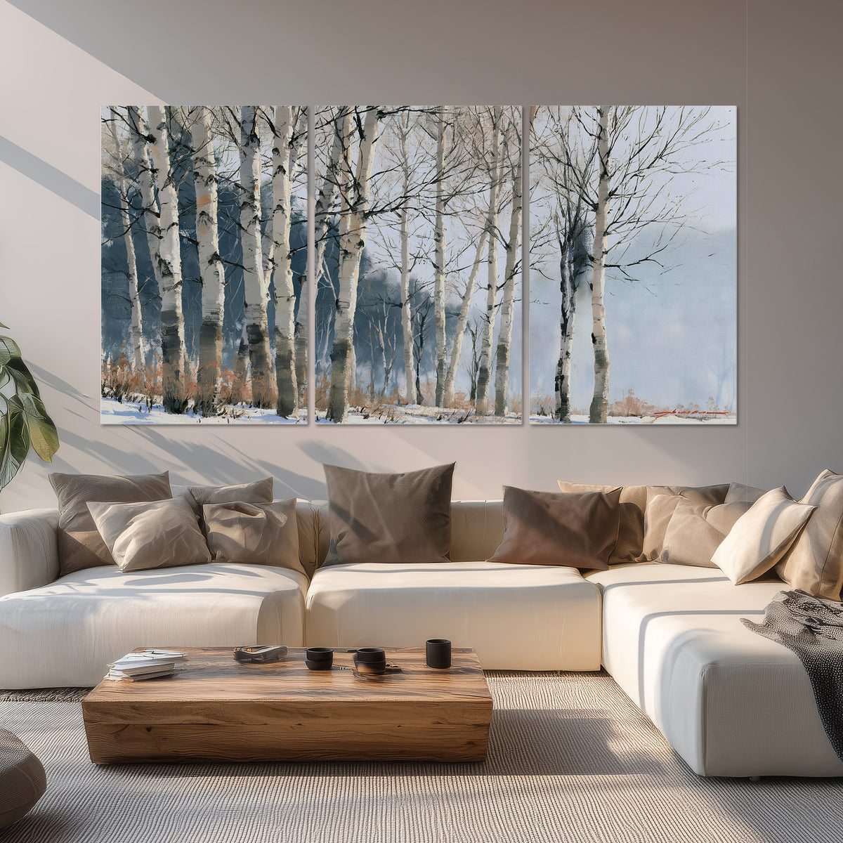 A line of bare birch trees against a cool blue-gray sky set of 3 poster prints displayed in a living room