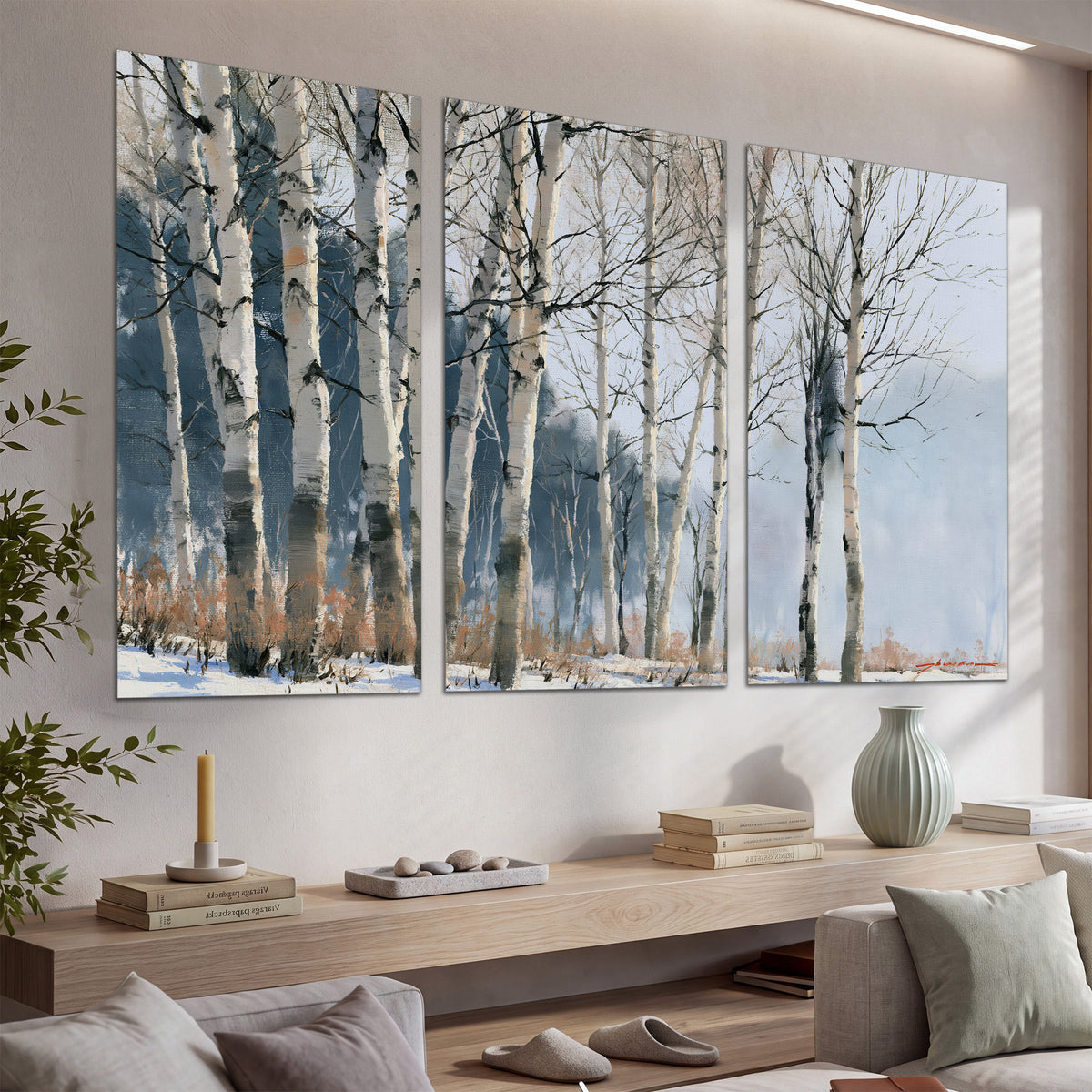 A line of bare birch trees against a cool blue-gray sky set of 3 poster prints displayed in a console